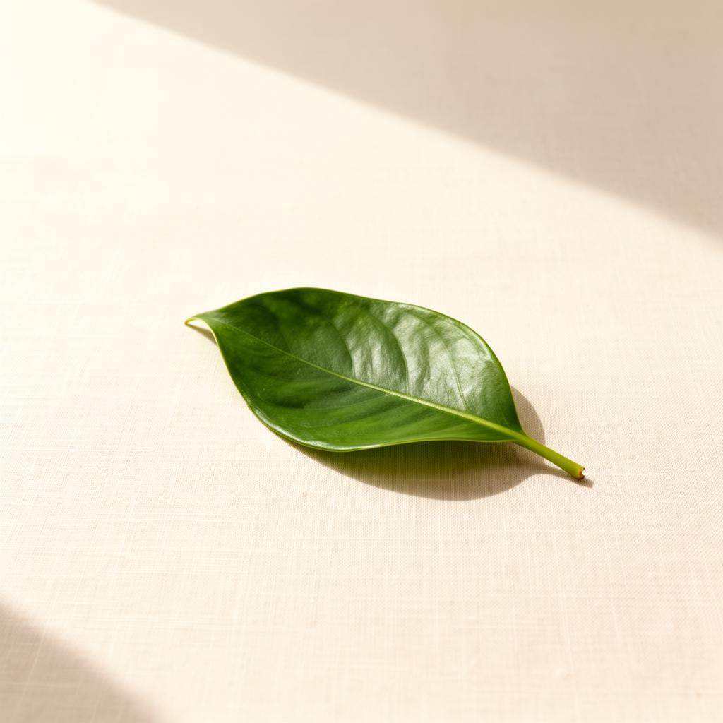 A single green leaf resting on soft cream linen